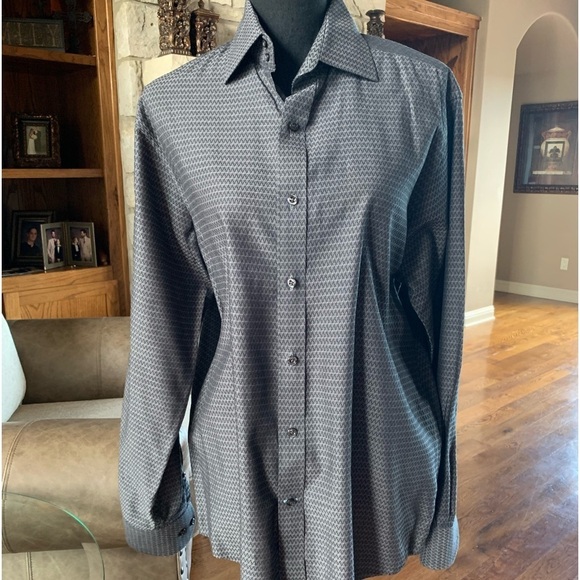 J. Ferrar Black Geometric‎ Print Button Down Shirt Modern Fit - Picture 3 of 11